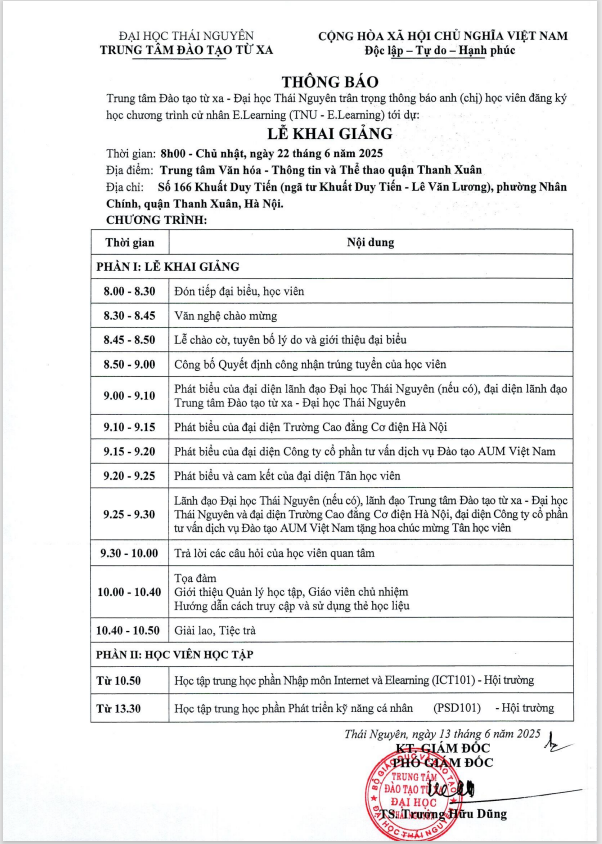 THÔNG BÁO: LỄ KHAI GIẢNG chương trình cử nhân E.Learning (TNU – E.Learning)